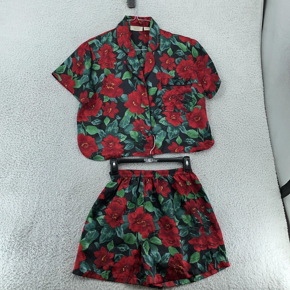 Vtg Victoria's Secret Gold Label Satin Pajama‎ Set M Black Red Floral Top Shorts